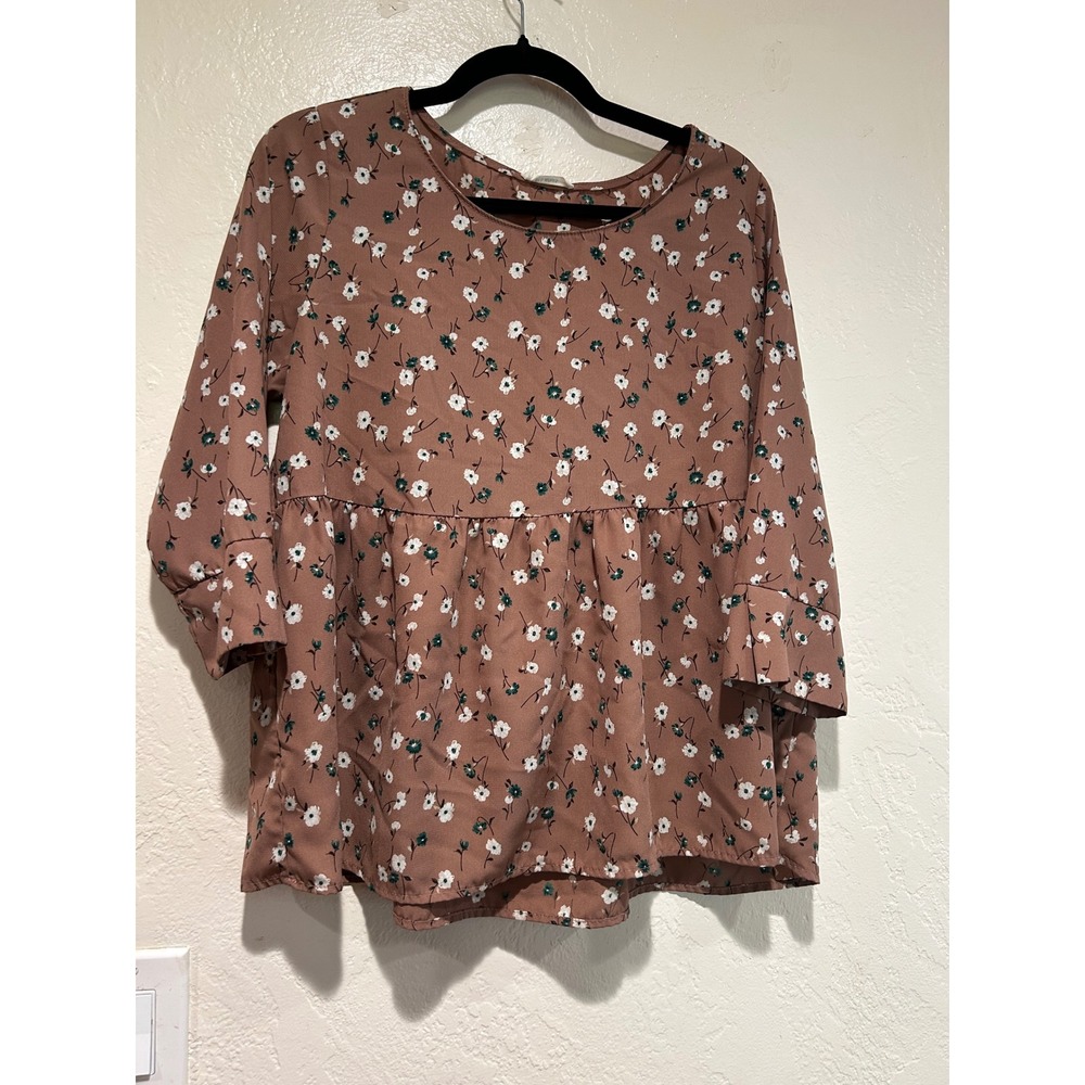 Les Amis Floral Babydoll Peplum Top Womens Medium Mauve Brown 3/4 Sleeve